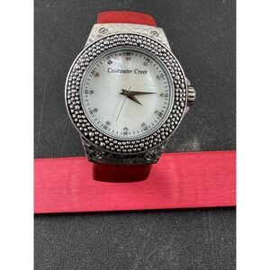Coldwater Creek round rhinestone bezel pink cuff band watch works